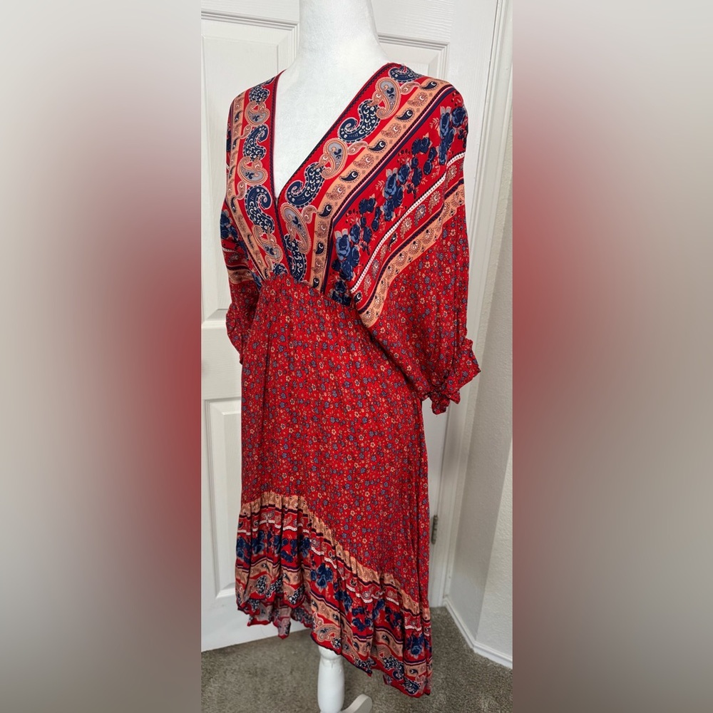Umgee Red Boho Peasant High Low Back Tie Midi Dress Women's Size S - Picture 7 of 10